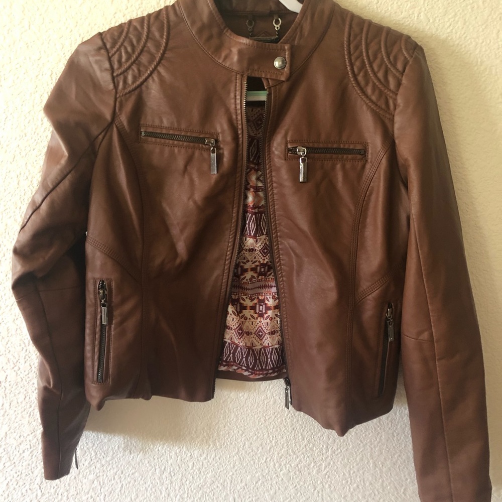 Jou Jou Faux Brown Leather Moto Jacket